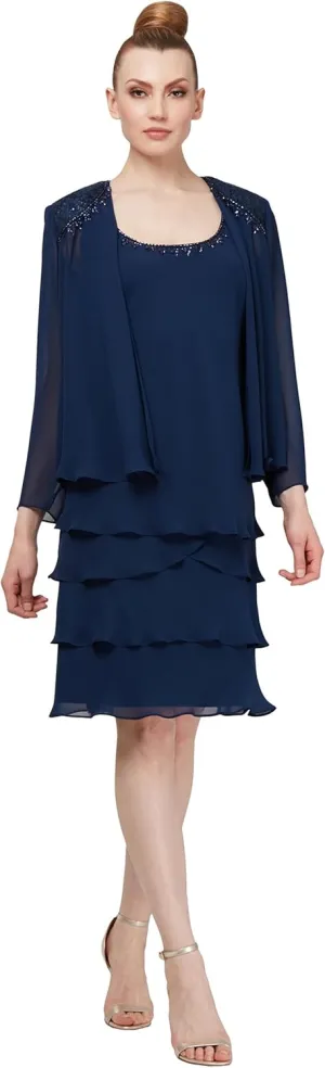 S.L. Fashions Women's Embellished Tiered Jacket Dress (Petite and Regular)