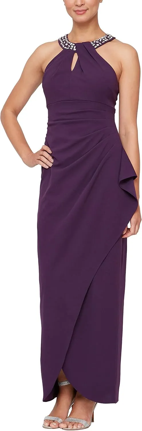 S.L. Fashions Women's Long Cocktail Dress with Embellished Halter Neckline, Wedding Guest, Party (Petite and Regular Sizes)