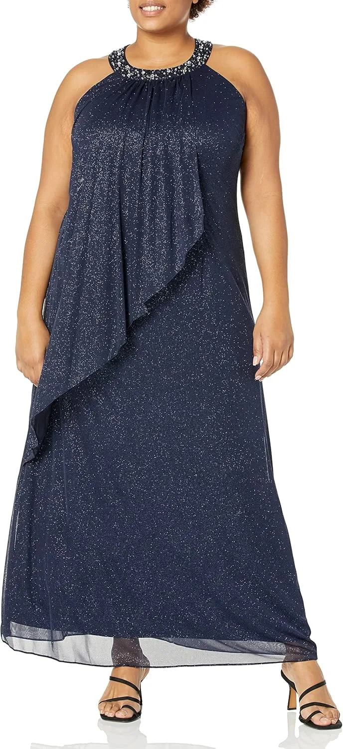 S.L. Fashions Women's Long Jewel Neck Halter Dress