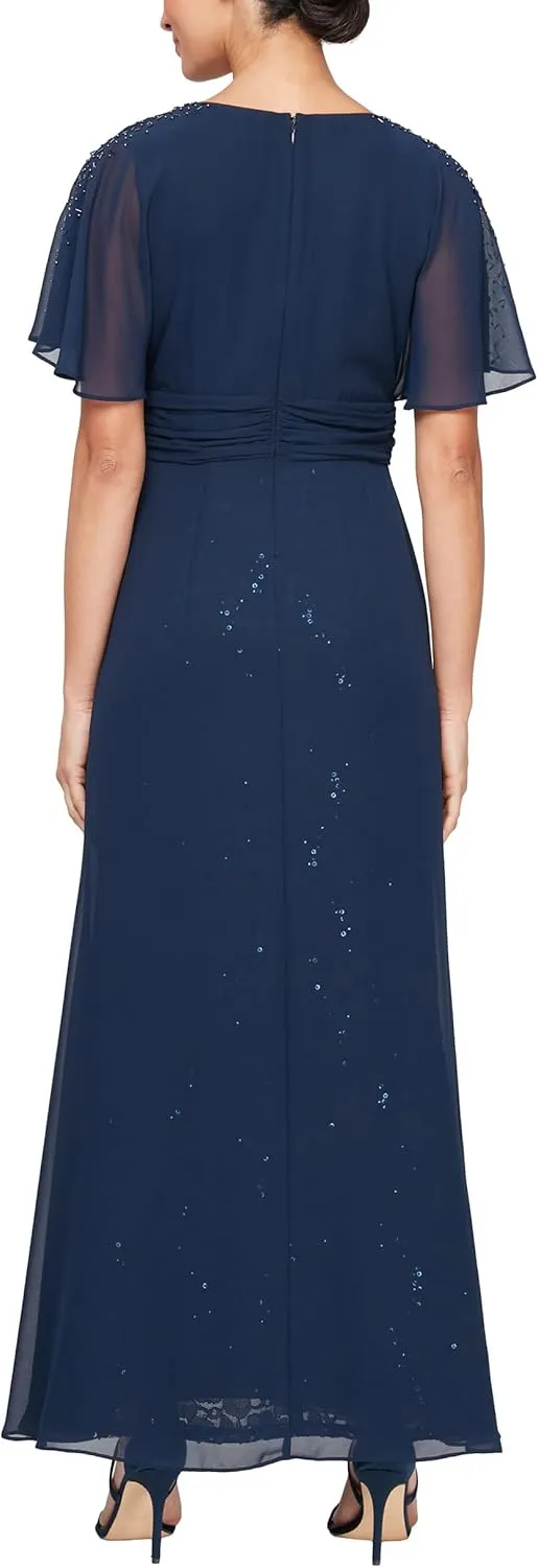 S.L. Fashions Women's Long V-Neck Flutter Sleeve A-line Dress