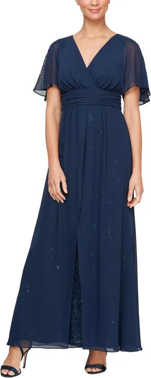 S.L. Fashions Women's Long V-Neck Flutter Sleeve A-line Dress