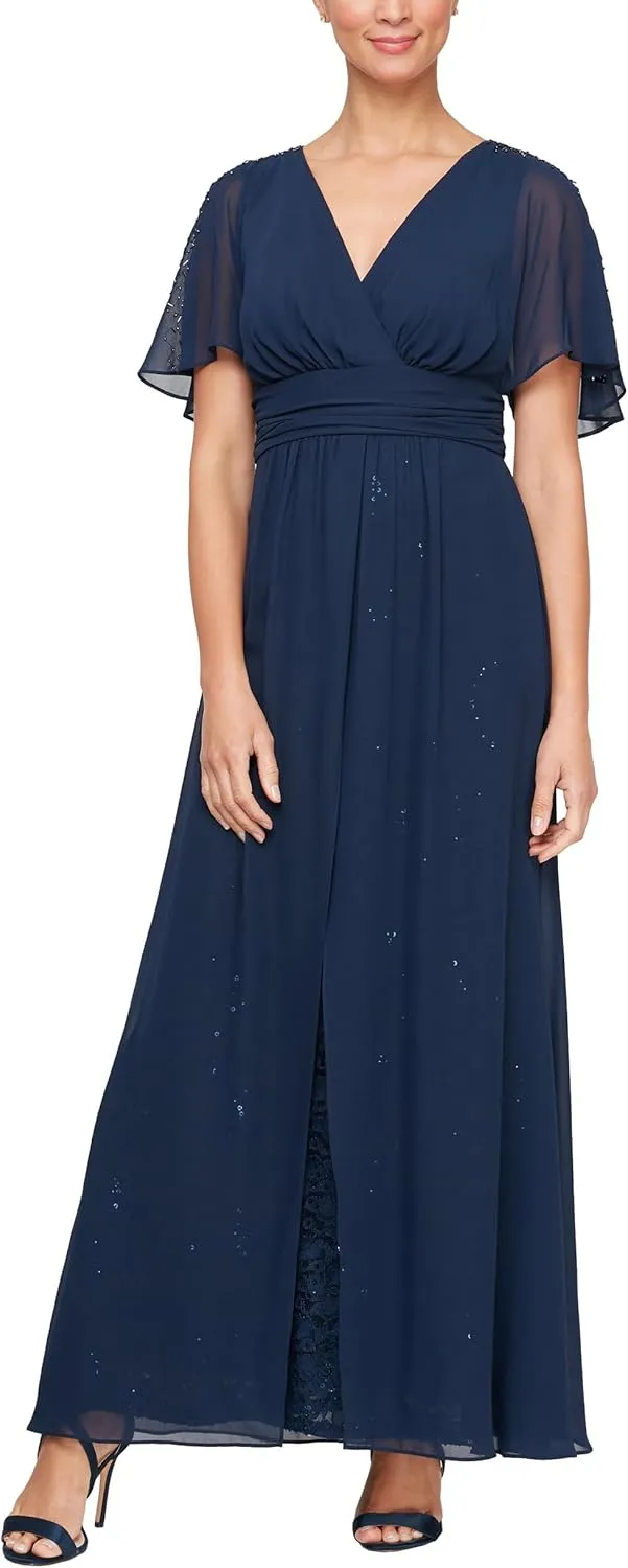 S.L. Fashions Women's Long V-Neck Flutter Sleeve A-line Dress