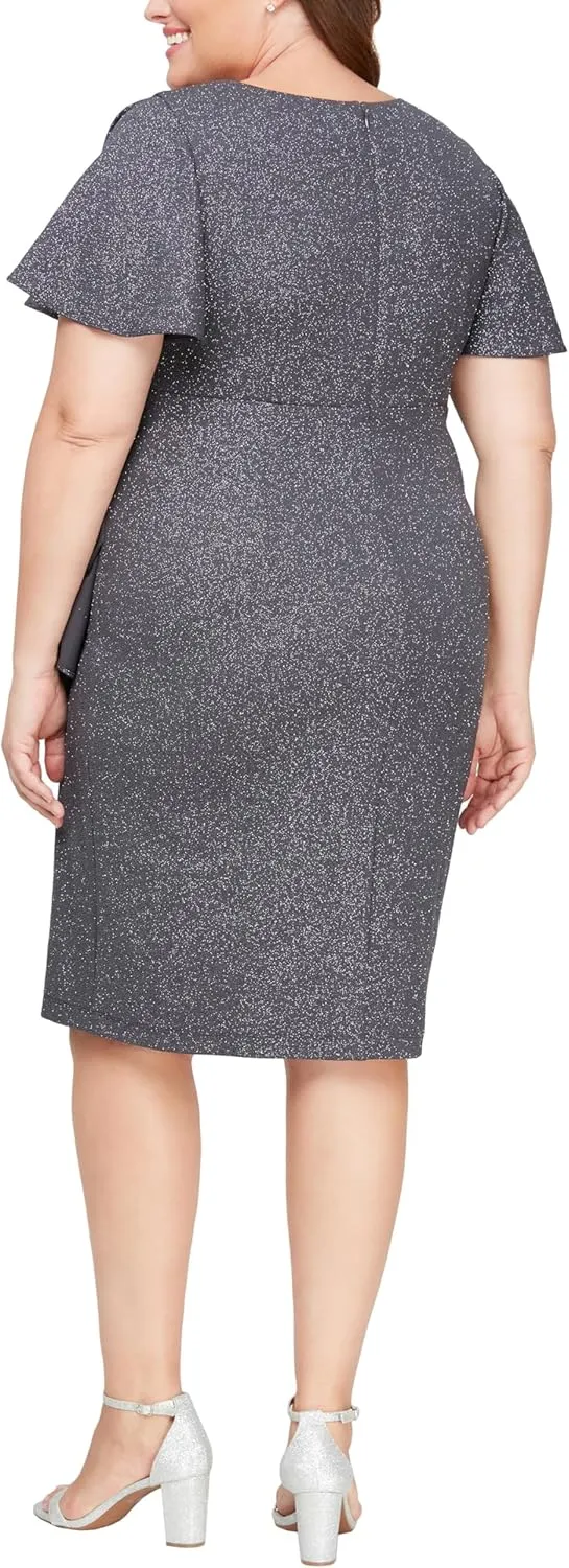 S.L. Fashions Women's Metallic Knit Sheath Cocktail Dress with Flutter Sleeves & Beaded Hip Detail (Plus Size)