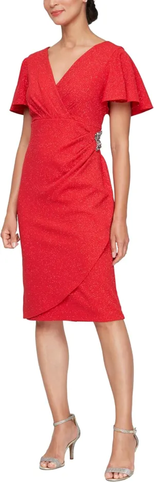 S.L. Fashions Women's Metallic Knit Sheath Cocktail Dress with Flutter Sleeves & Beaded Hip Detail (Plus Size)