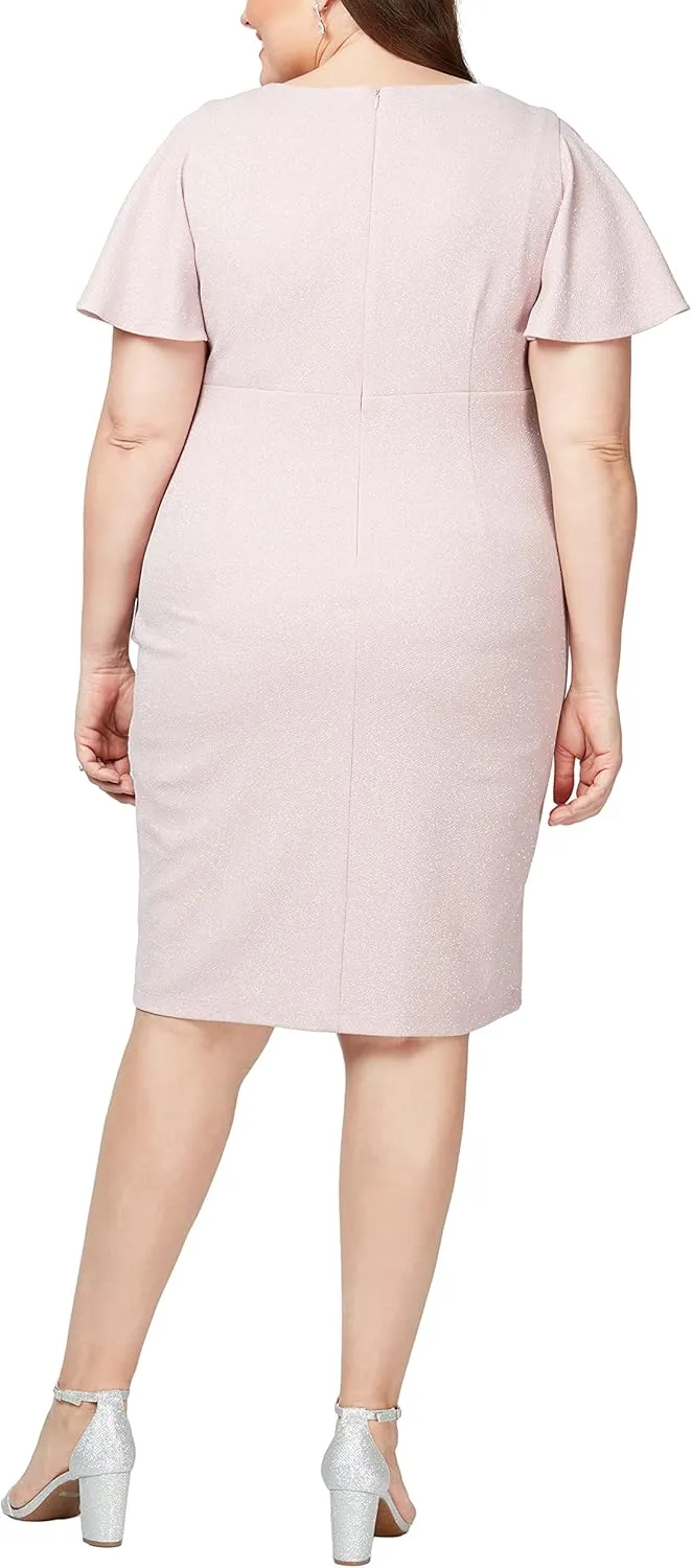 S.L. Fashions Women's Metallic Knit Sheath Cocktail Dress with Flutter Sleeves & Beaded Hip Detail (Plus Size)