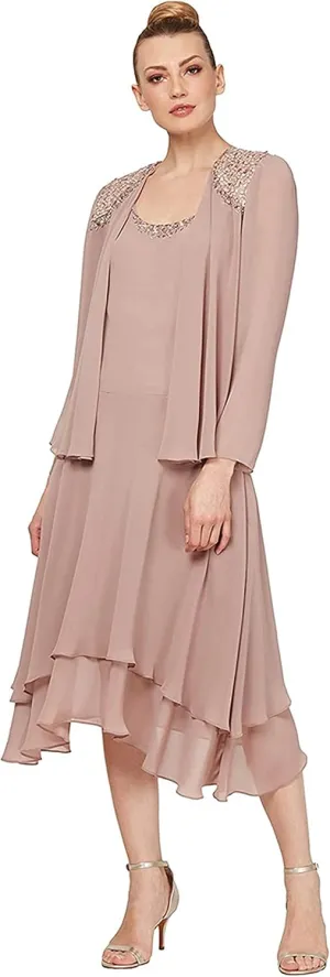 S.L. Fashions Women's Mother of the Bride Dress w/ Embellished Neckline & Shoulder, Wedding Guest (Petite and Regular Sizes)