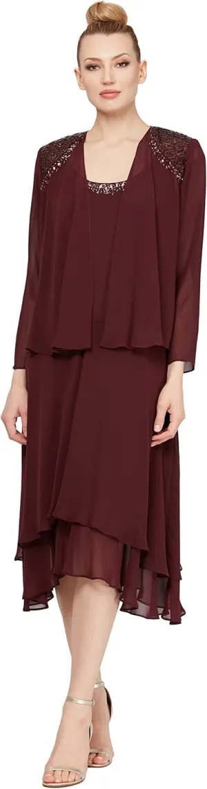 S.L. Fashions Women's Mother of the Bride Dress w/ Embellished Neckline & Shoulder, Wedding Guest (Petite and Regular Sizes)