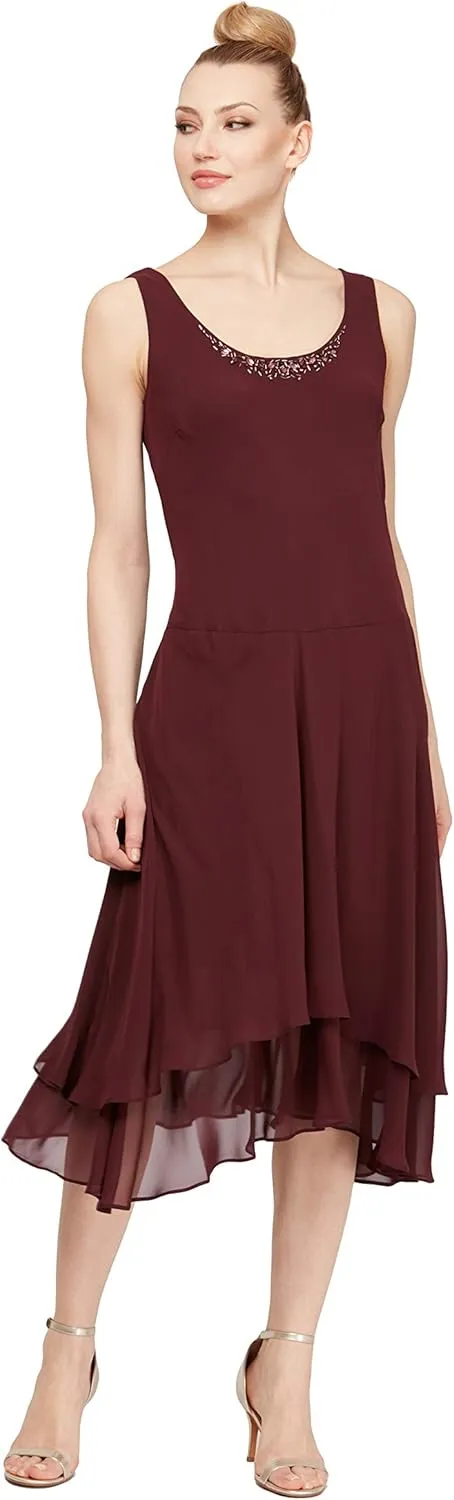 S.L. Fashions Women's Mother of the Bride Dress w/ Embellished Neckline & Shoulder, Wedding Guest (Petite and Regular Sizes)