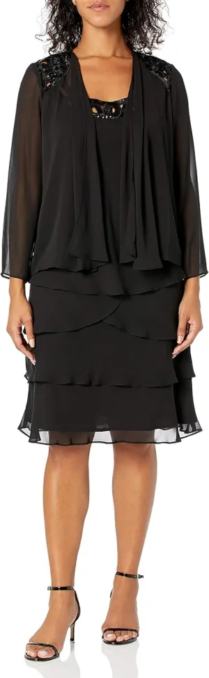S.L. Fashions Women's Mother of The Bride Jacket Dress with Sequined Cut Out Shoulder (Petite and Regular Sizes)