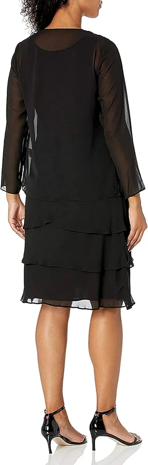 S.L. Fashions Women's Mother of The Bride Jacket Dress with Sequined Cut Out Shoulder (Petite and Regular Sizes)