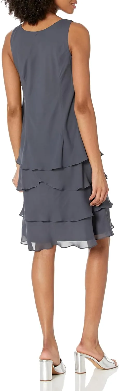 S.L. Fashions Women's Mother of The Bride Tiered Jacket Dress with Shoulder Embellishment (Petite and Regular Sizes)