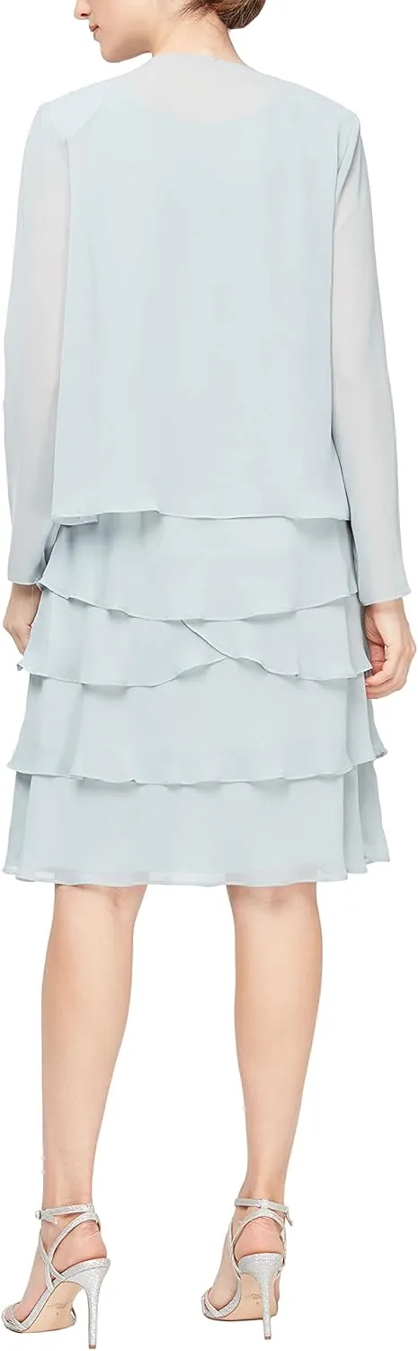 S.L. Fashions Women's Mother of The Bride Tiered Jacket Dress with Shoulder Embellishment (Petite and Regular Sizes)