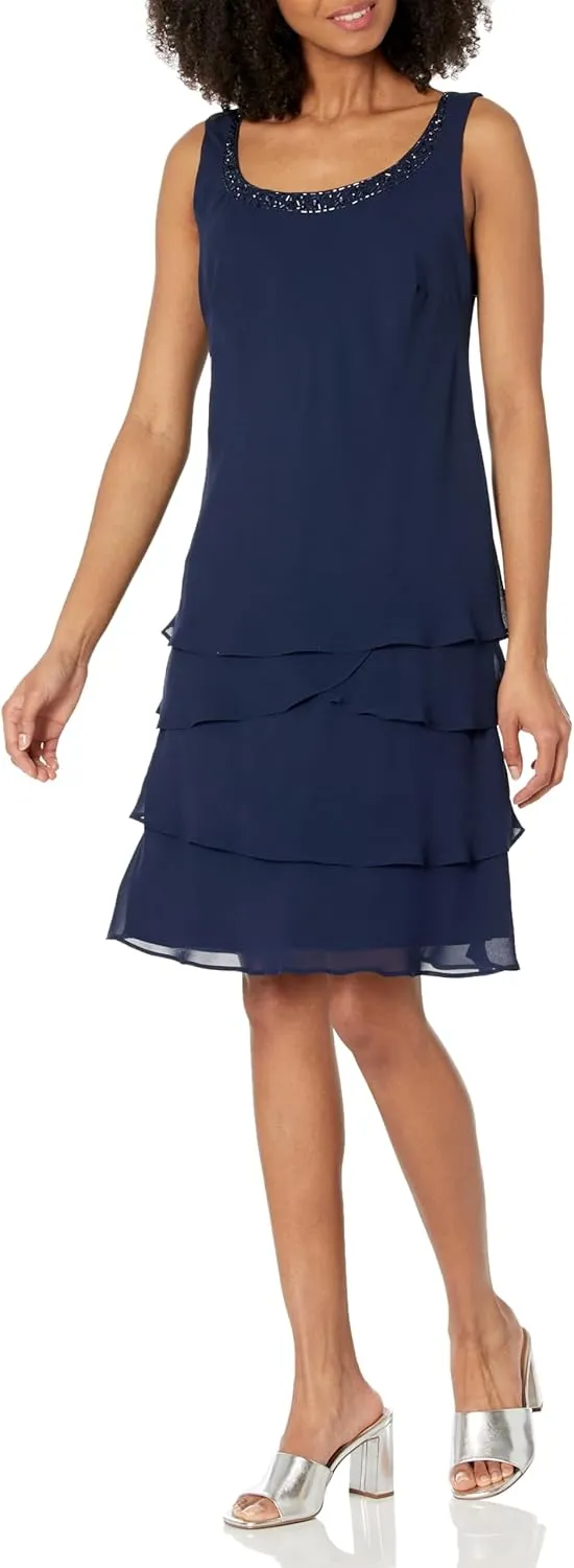 S.L. Fashions Women's Mother of The Bride Tiered Jacket Dress with Shoulder Embellishment (Petite and Regular Sizes)
