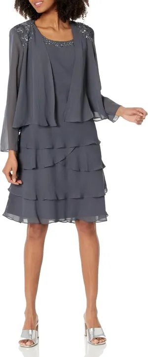 S.L. Fashions Women's Mother of The Bride Tiered Jacket Dress with Shoulder Embellishment (Petite and Regular Sizes)