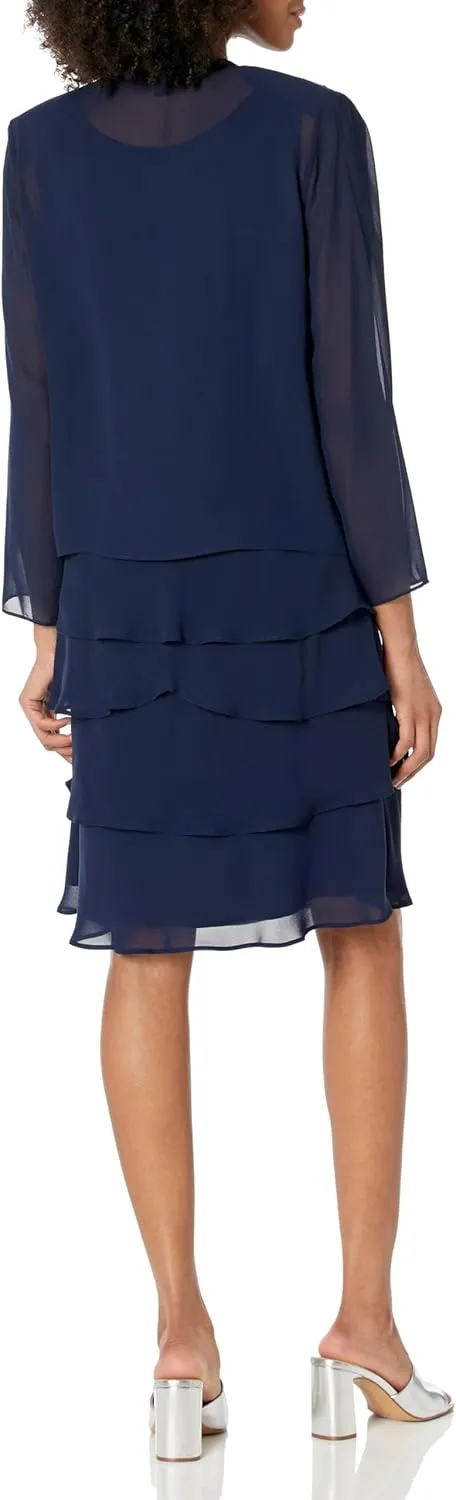 S.L. Fashions Women's Mother of The Bride Tiered Jacket Dress with Shoulder Embellishment (Petite and Regular Sizes)