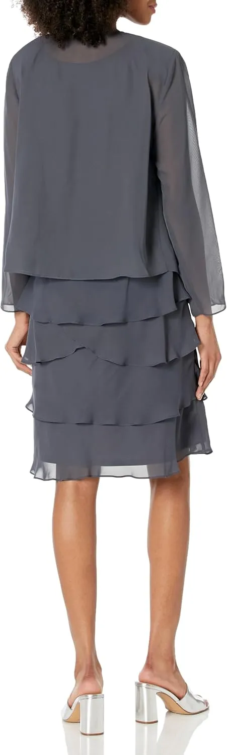 S.L. Fashions Women's Mother of The Bride Tiered Jacket Dress with Shoulder Embellishment (Petite and Regular Sizes)