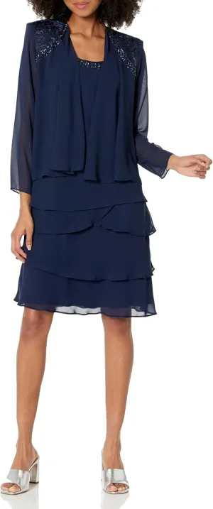S.L. Fashions Women's Mother of The Bride Tiered Jacket Dress with Shoulder Embellishment (Petite and Regular Sizes)