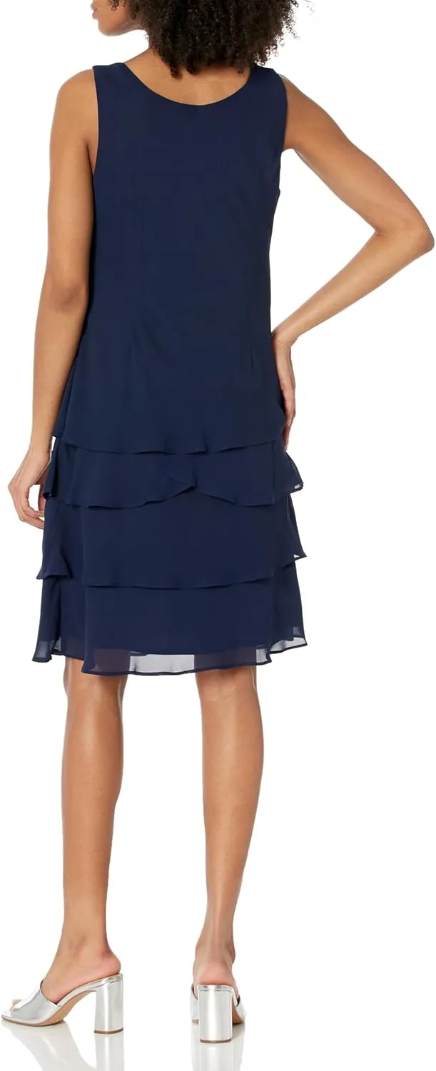 S.L. Fashions Women's Mother of The Bride Tiered Jacket Dress with Shoulder Embellishment (Petite and Regular Sizes)