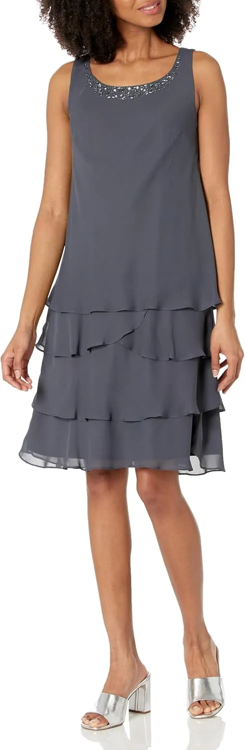 S.L. Fashions Women's Mother of The Bride Tiered Jacket Dress with Shoulder Embellishment (Petite and Regular Sizes)