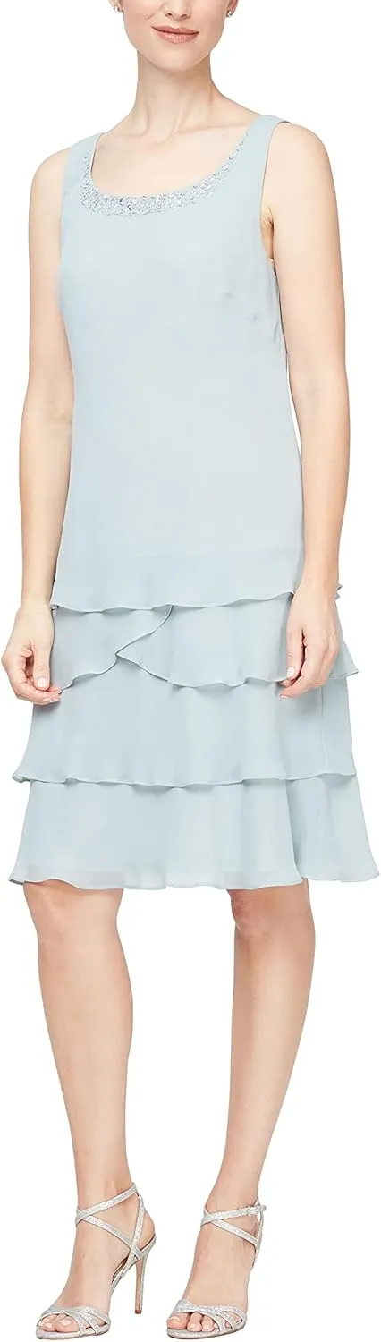 S.L. Fashions Women's Mother of The Bride Tiered Jacket Dress with Shoulder Embellishment (Petite and Regular Sizes)