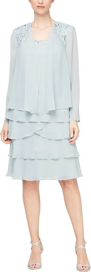 S.L. Fashions Women's Mother of The Bride Tiered Jacket Dress with Shoulder Embellishment (Petite and Regular Sizes)