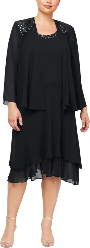 S.L. Fashions Women's Plus Size Embellished Tiered Mother of The Bride Gown with Jacket, Wedding Guest, Formal Event Dress