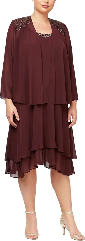 S.L. Fashions Women's Plus Size Embellished Tiered Mother of The Bride Gown with Jacket, Wedding Guest, Formal Event Dress