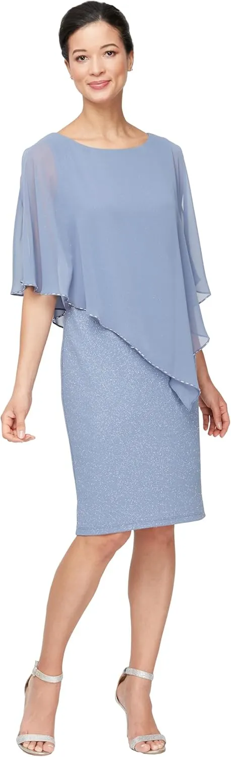 S.L. Fashions Women's Plus Size Short Sheath Dress with Embellished Overlay Capelet