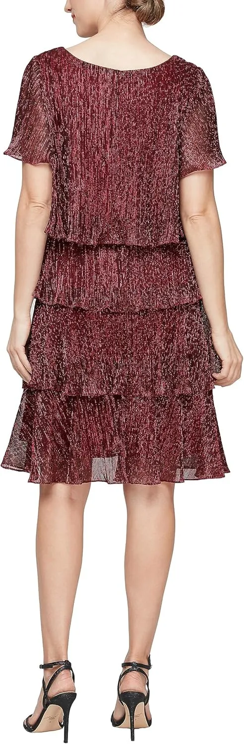 S.L. Fashions Women's Tiered Boudre Cocktail Dress with Embellished Neckline, Wedding Guest Gown (Petite and Regular Sizes)