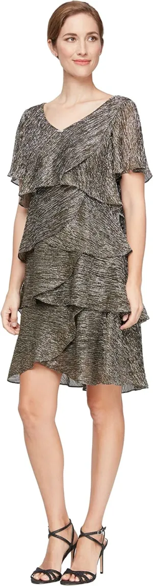 S.L. Fashions Women's Tiered Boudre Cocktail Dress with Embellished Neckline, Wedding Guest Gown (Petite and Regular Sizes)