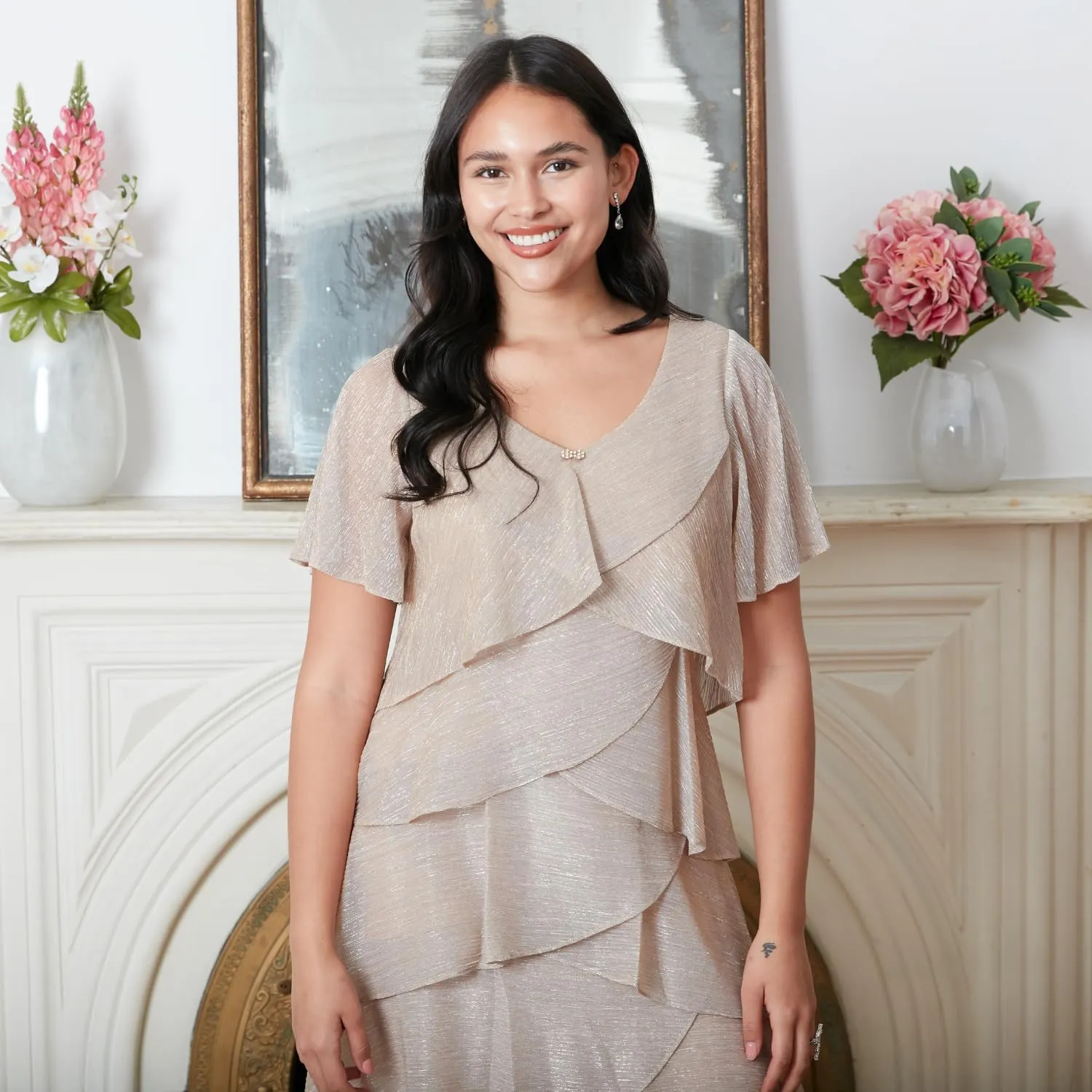 S.L. Fashions Women's Tiered Boudre Cocktail Dress with Embellished Neckline, Wedding Guest Gown (Petite and Regular Sizes)