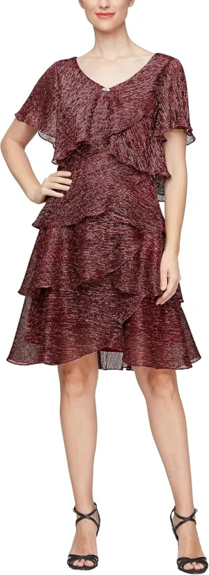 S.L. Fashions Women's Tiered Boudre Cocktail Dress with Embellished Neckline, Wedding Guest Gown (Petite and Regular Sizes)