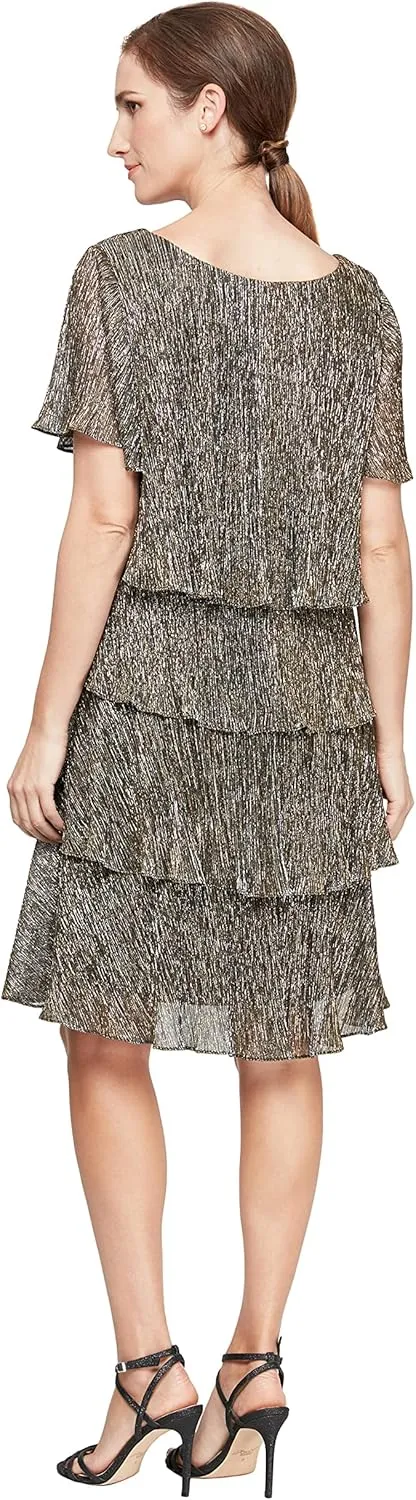 S.L. Fashions Women's Tiered Boudre Cocktail Dress with Embellished Neckline, Wedding Guest Gown (Petite and Regular Sizes)