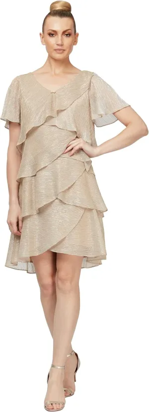 S.L. Fashions Women's Tiered Boudre Cocktail Dress with Embellished Neckline, Wedding Guest Gown (Petite and Regular Sizes)