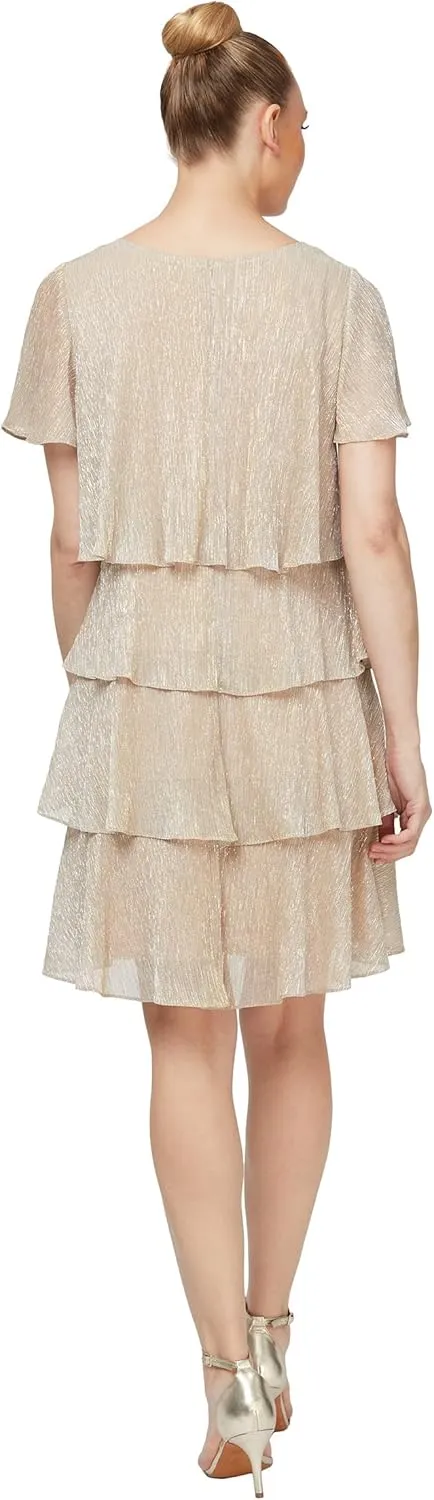 S.L. Fashions Women's Tiered Boudre Cocktail Dress with Embellished Neckline, Wedding Guest Gown (Petite and Regular Sizes)