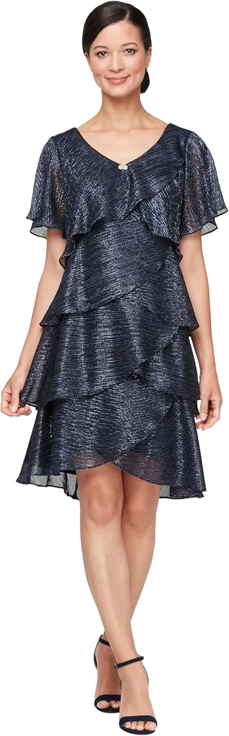S.L. Fashions Women's V-Neck Tiered Boudre Cocktail Dress with Crystal Beaded Detail, Wedding Guest Gown (Plus Size)