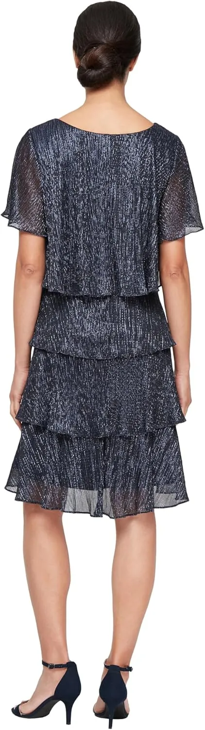 S.L. Fashions Women's V-Neck Tiered Boudre Cocktail Dress with Crystal Beaded Detail, Wedding Guest Gown (Plus Size)