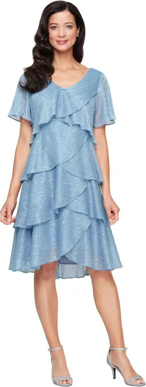 S.L. Fashions Women's V-Neck Tiered Boudre Cocktail Dress with Crystal Beaded Detail, Wedding Guest Gown (Plus Size)