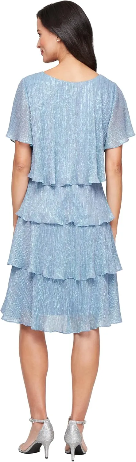 S.L. Fashions Women's V-Neck Tiered Boudre Cocktail Dress with Crystal Beaded Detail, Wedding Guest Gown (Plus Size)