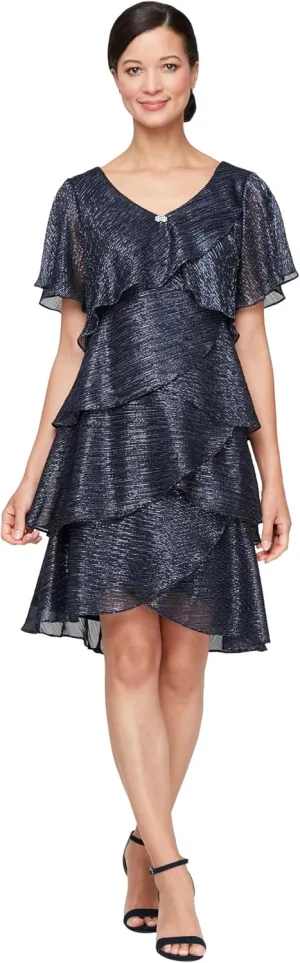 S.L. Fashions Women's V-Neck Tiered Boudre Cocktail Dress with Crystal Beaded Detail, Wedding Guest Gown (Plus Size)