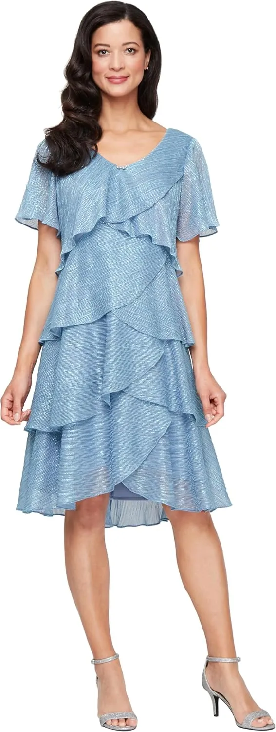 S.L. Fashions Women's V-Neck Tiered Boudre Cocktail Dress with Crystal Beaded Detail, Wedding Guest Gown (Plus Size)