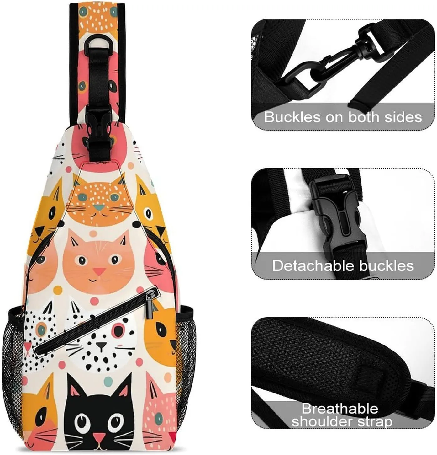 Sling Bag for Women Men Chest Bag Cat Facial Expressions Daypack Fanny Pack Cross Body Bag for Traveling