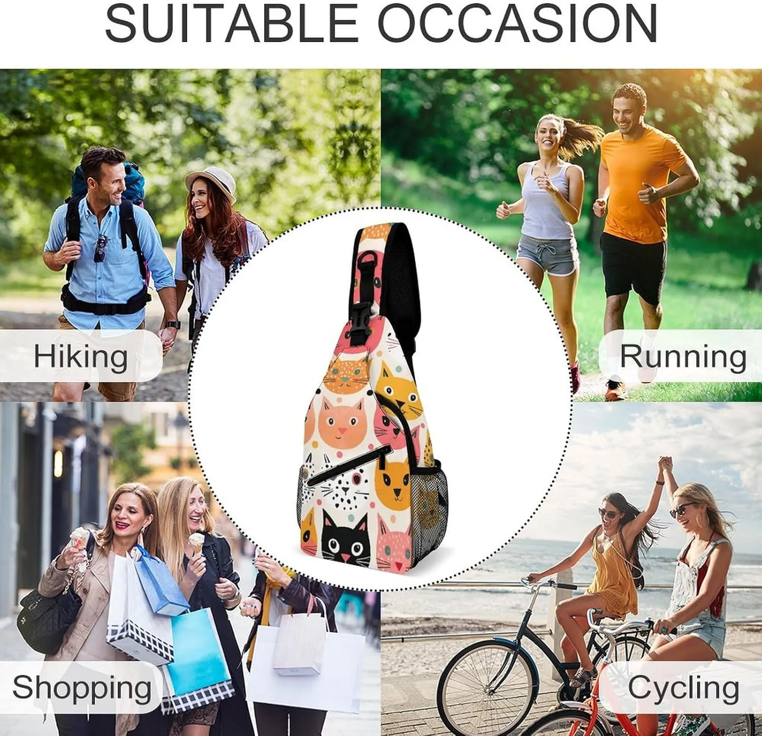 Sling Bag for Women Men Chest Bag Cat Facial Expressions Daypack Fanny Pack Cross Body Bag for Traveling