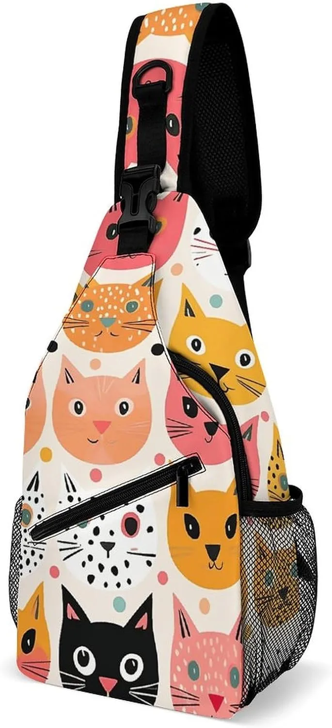 Sling Bag for Women Men Chest Bag Cat Facial Expressions Daypack Fanny Pack Cross Body Bag for Traveling