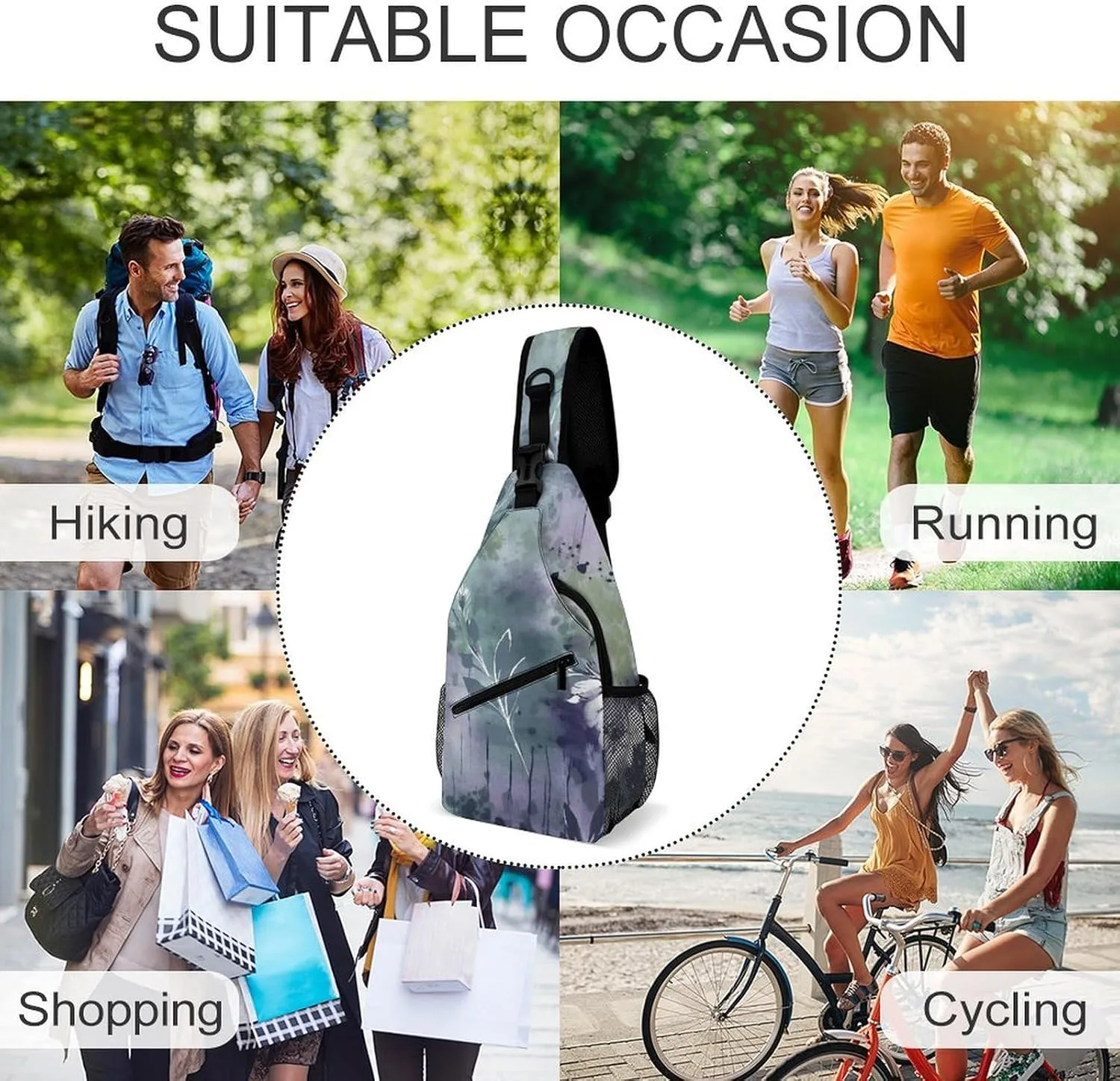Sling Bag for Women Men Chest Bag Deep Purple Flowers Daypack Fanny Pack Cross Body Bag for Traveling