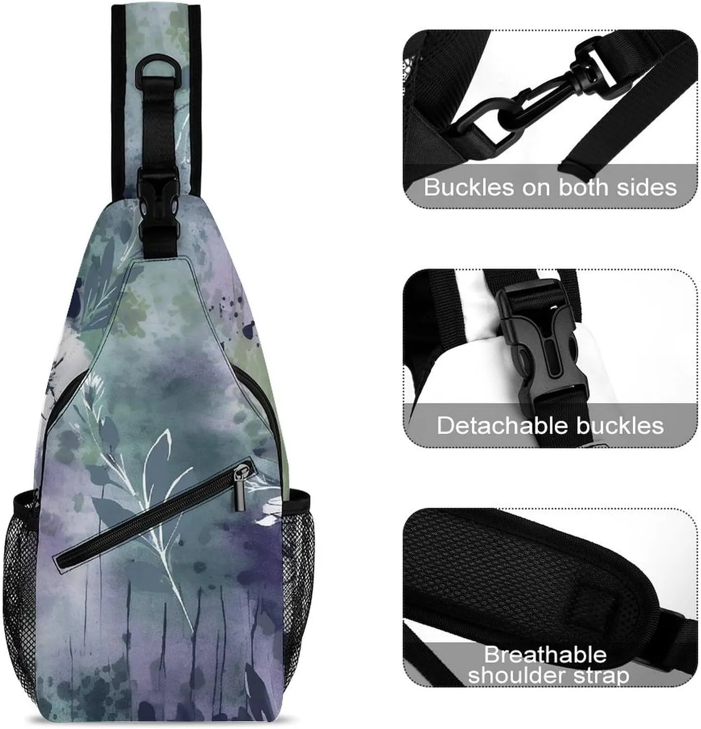 Sling Bag for Women Men Chest Bag Deep Purple Flowers Daypack Fanny Pack Cross Body Bag for Traveling