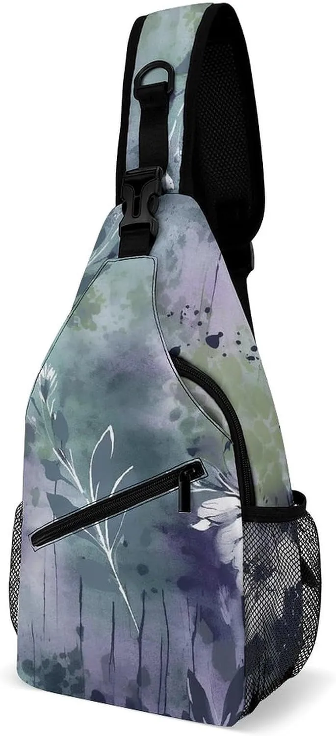 Sling Bag for Women Men Chest Bag Deep Purple Flowers Daypack Fanny Pack Cross Body Bag for Traveling