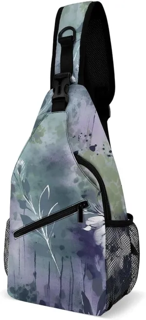 Sling Bag for Women Men Chest Bag Deep Purple Flowers Daypack Fanny Pack Cross Body Bag for Traveling
