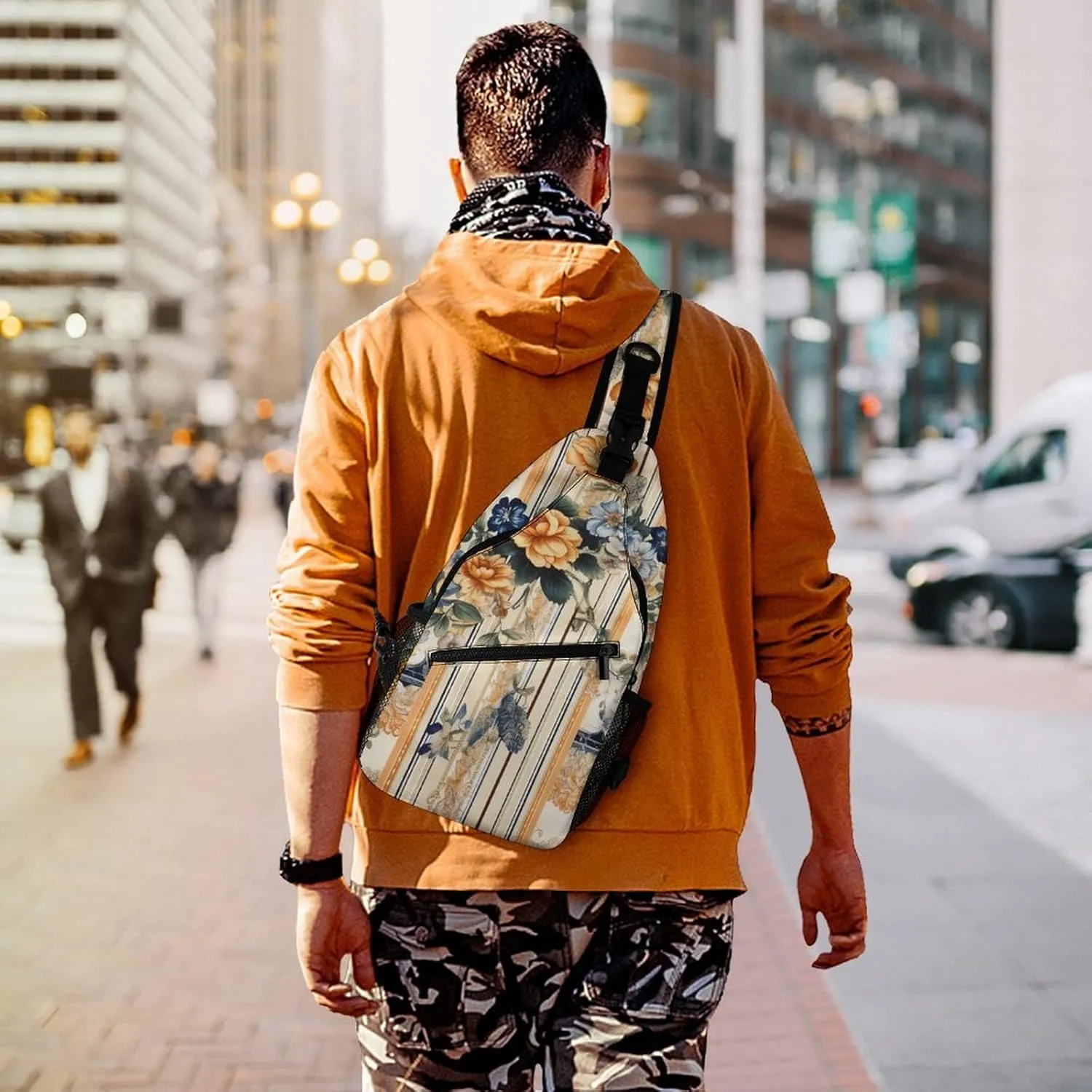 Sling Bag for Women Men Chest Bag Floral Pattern on Fabric Daypack Fanny Pack Cross Body Bag for Traveling