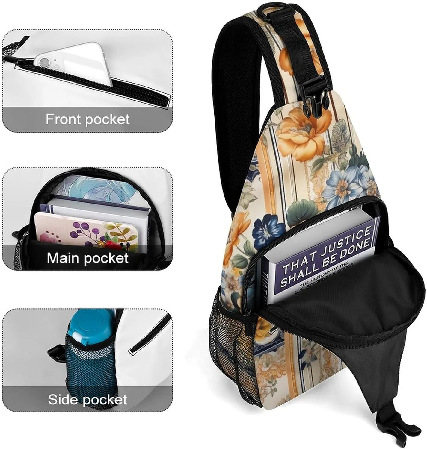 Sling Bag for Women Men Chest Bag Floral Pattern on Fabric Daypack Fanny Pack Cross Body Bag for Traveling